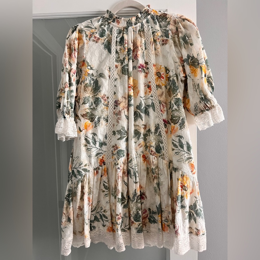 Pilcro Anthropologie Short-Sleeve Mock-Neck Ruffle Mini Floral Dress Small - Picture 5 of 13